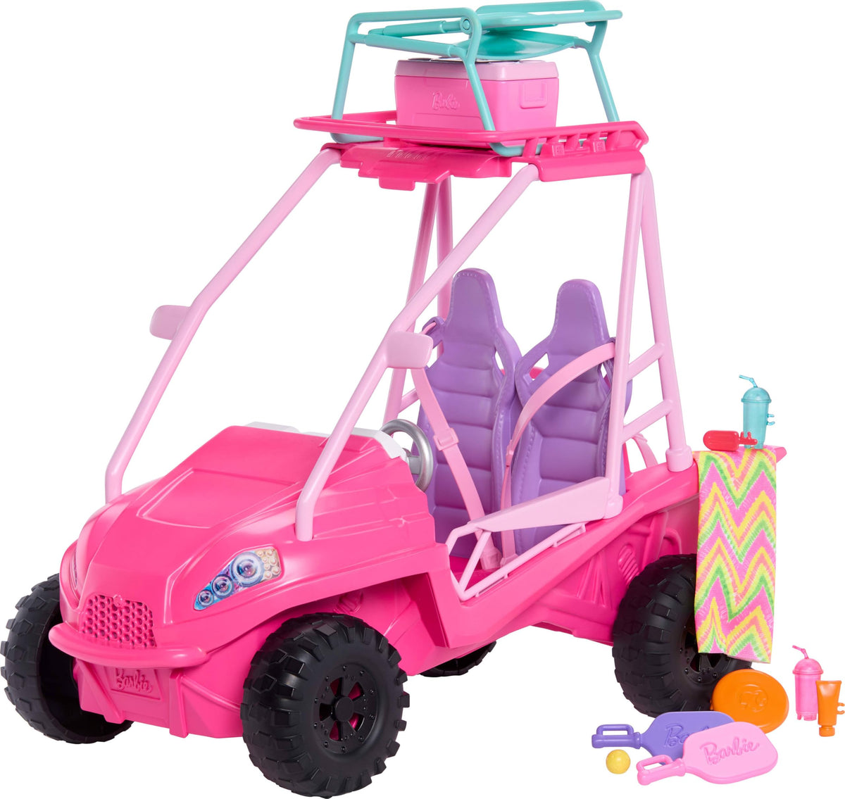 Barbie Mysteries Beach Detectives beach buggy exterior shows a sporty pink ride for seaside adventures