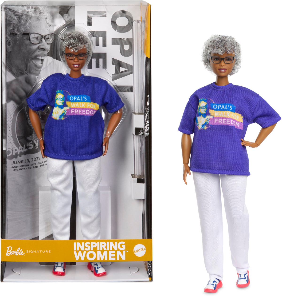 Barbie Opal Lee doll front view wearing blue Walk for Freedom shirt for inspiring display.