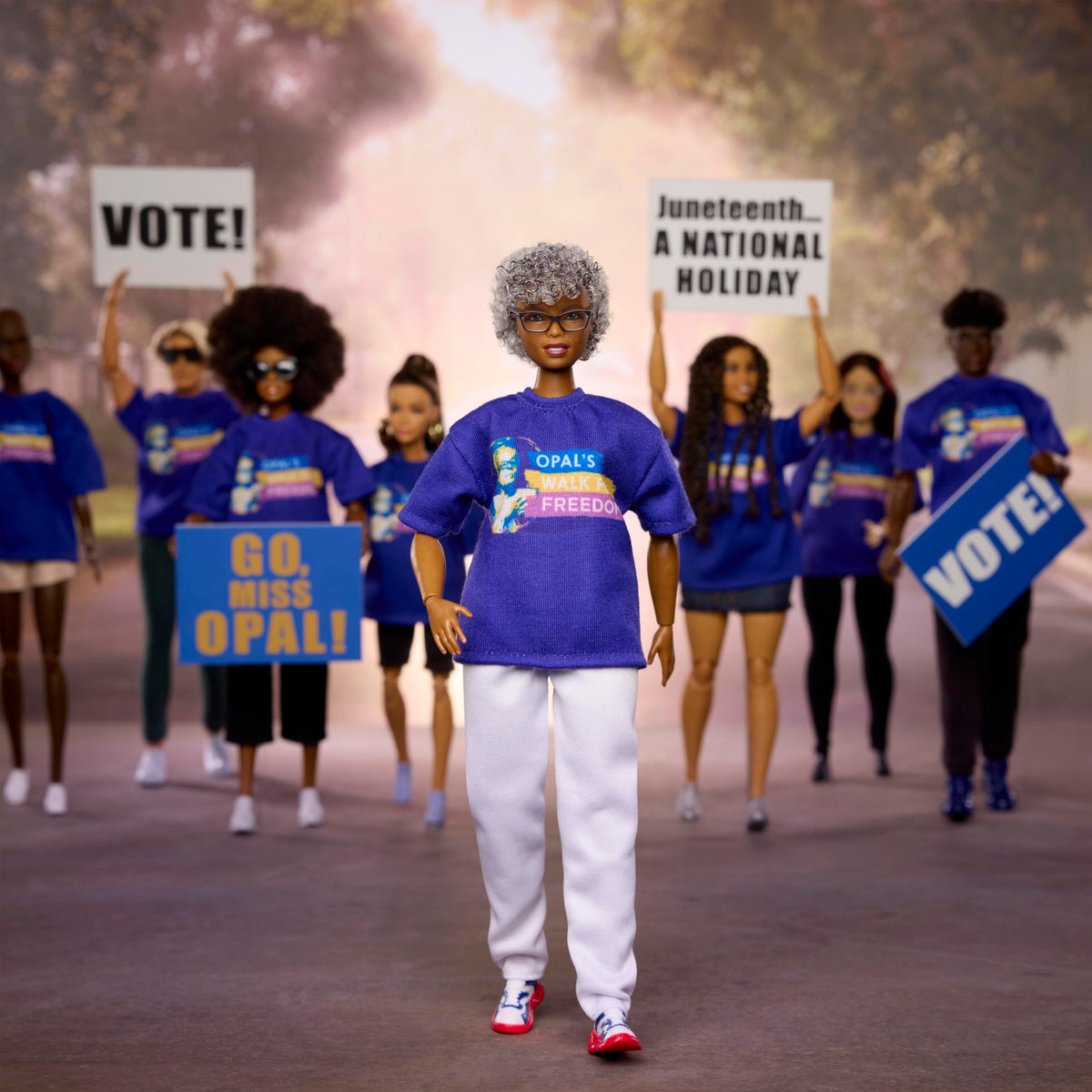 Barbie Opal Lee doll with glasses showcases her activist look for collectors.