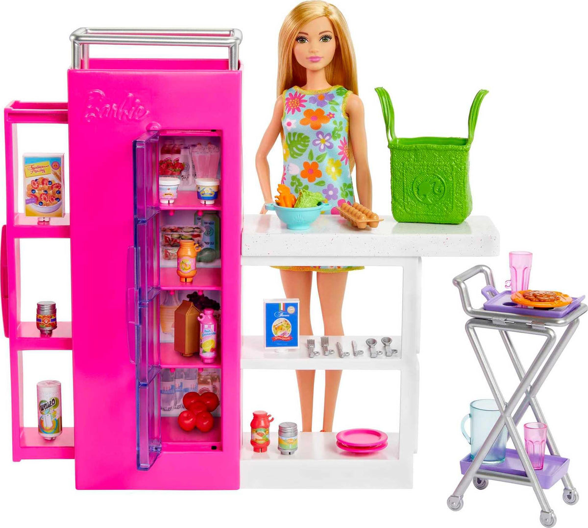 Barbie pantry fridge open with food pieces for imaginative kitchen play.