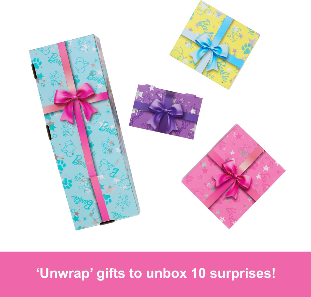 Barbie Party Unboxed mini pet puppy with dress-up bandana for pretend celebrations.