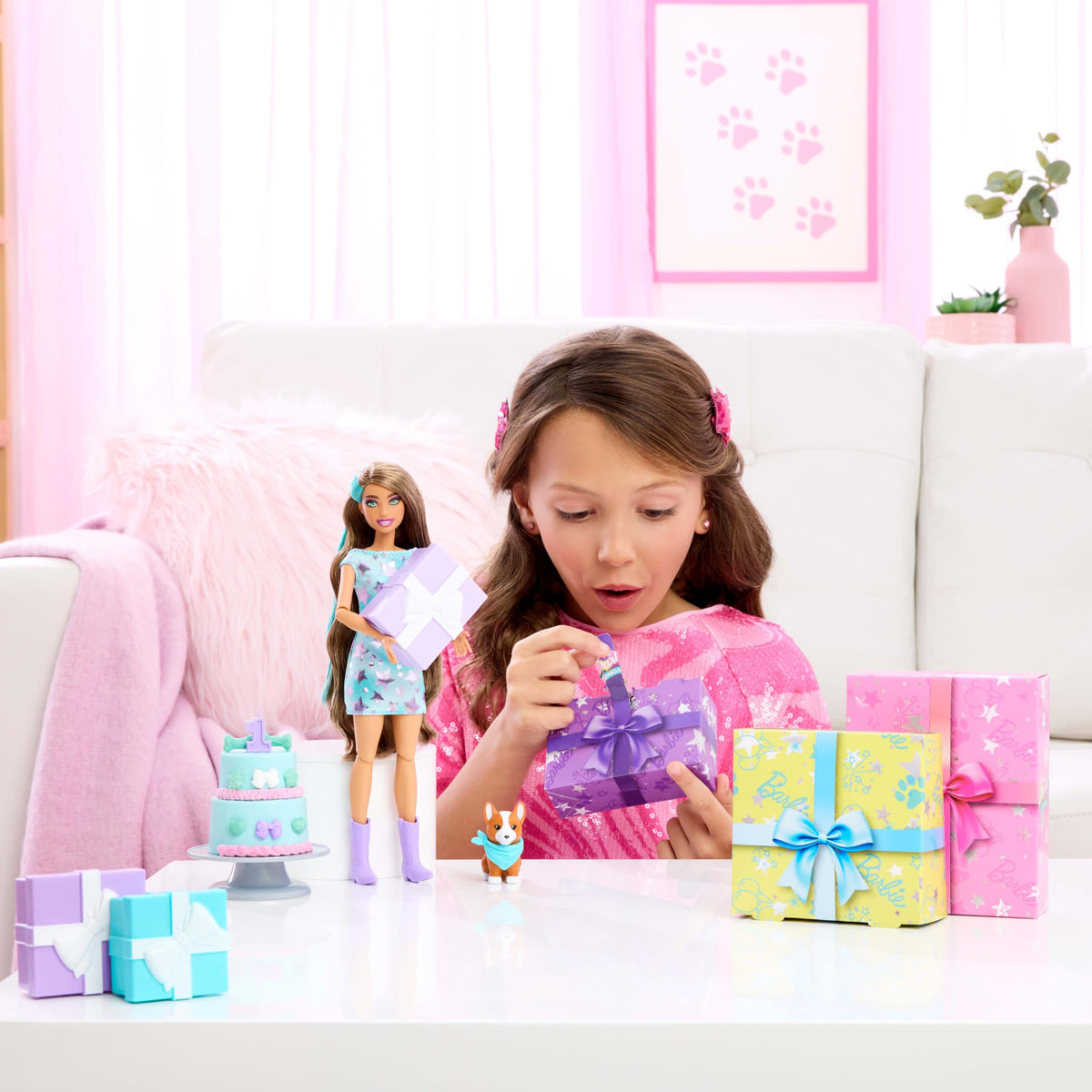 Barbie Party Unboxed Party Stars doll with brunette hair and blue-streaked dress ready for play.