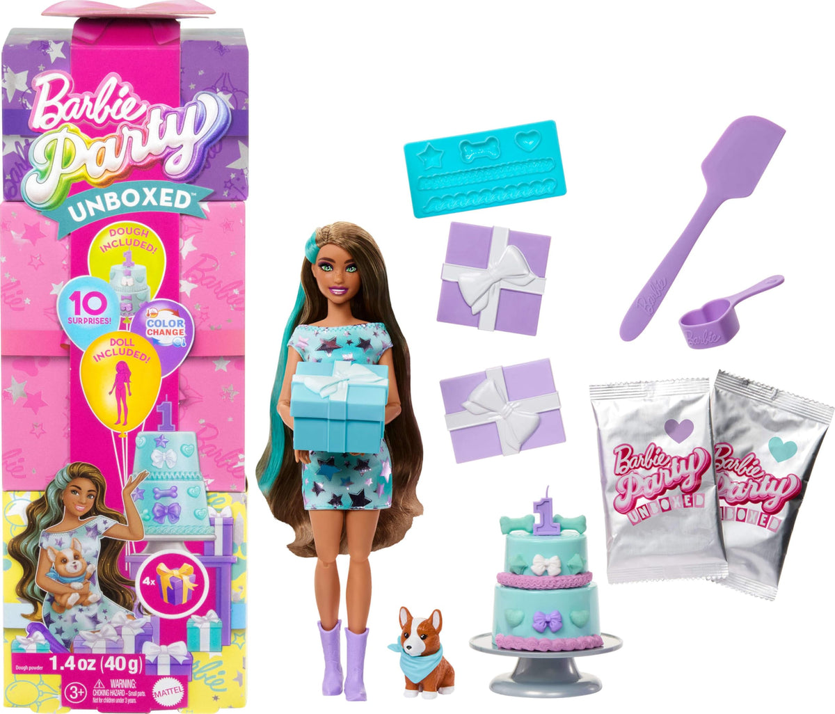 Barbie Party Unboxed presents reveal a doll and pet for imaginative party play.