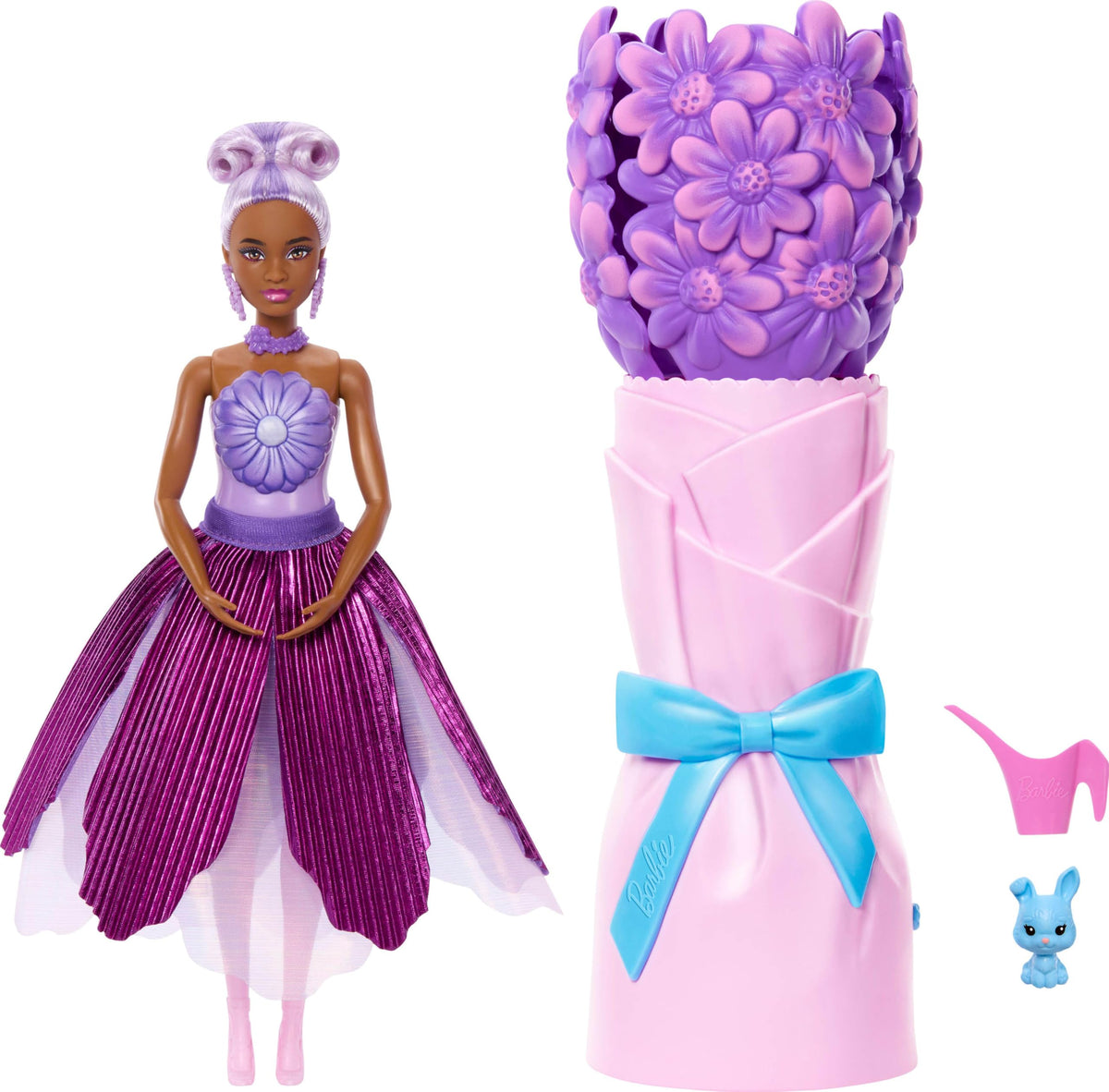 Barbie Petal Pop doll emerges from bouquet for imaginative play.