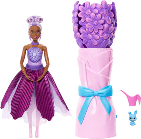 Barbie Petal Pop doll emerges from bouquet for imaginative play.
