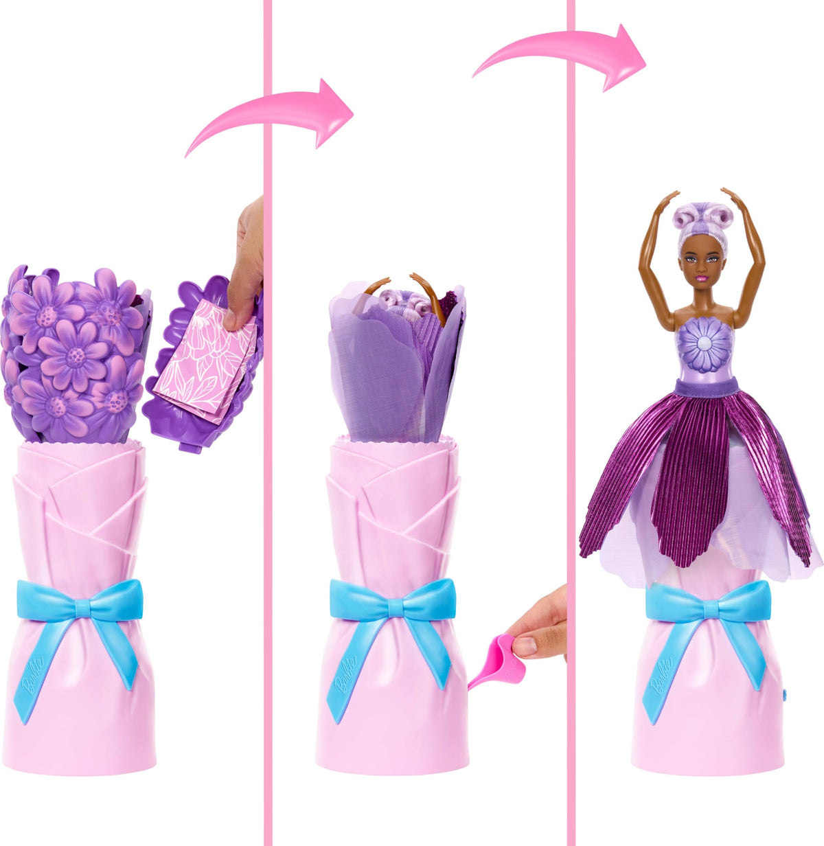 Barbie Petal Pop vase with water reveal adds interactive unboxing fun.