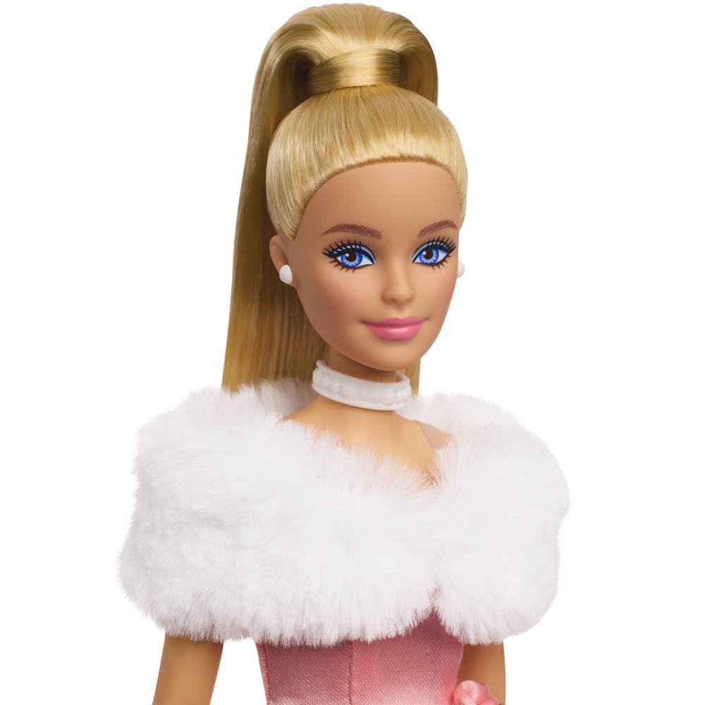 Barbie pink gown and faux fur stole offer classic elegance for storytelling.