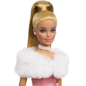 Barbie pink gown and faux fur stole offer classic elegance for storytelling.