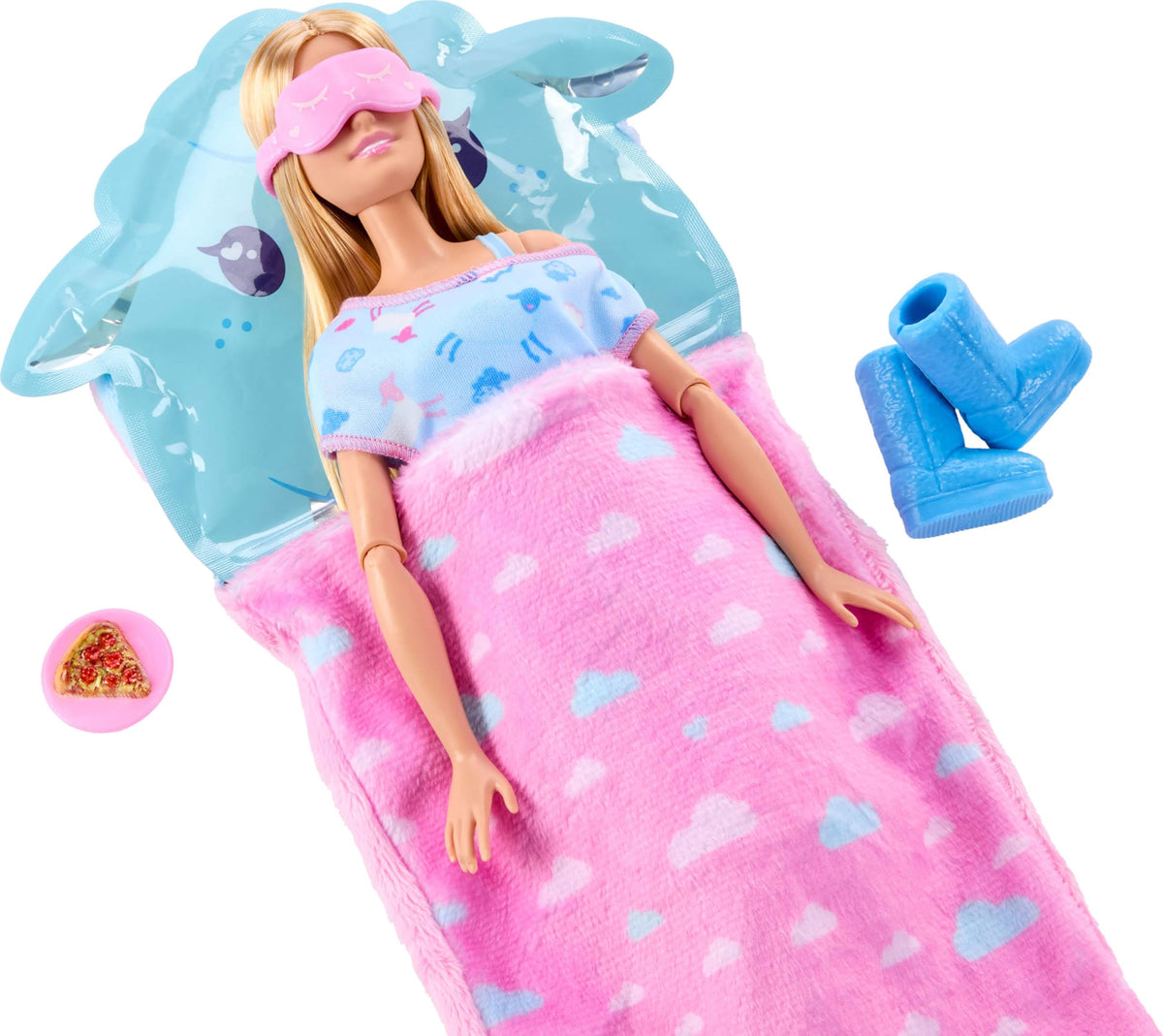 Barbie pizza on a plate accessory sparks pretend snacks during sleepovers.