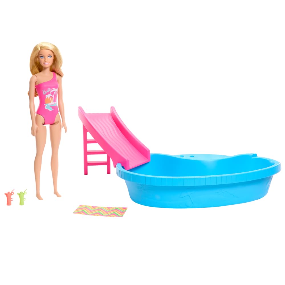 Barbie pool playset: Barbie doll in tropical swimsuit beside the pool, ready for imaginative fun