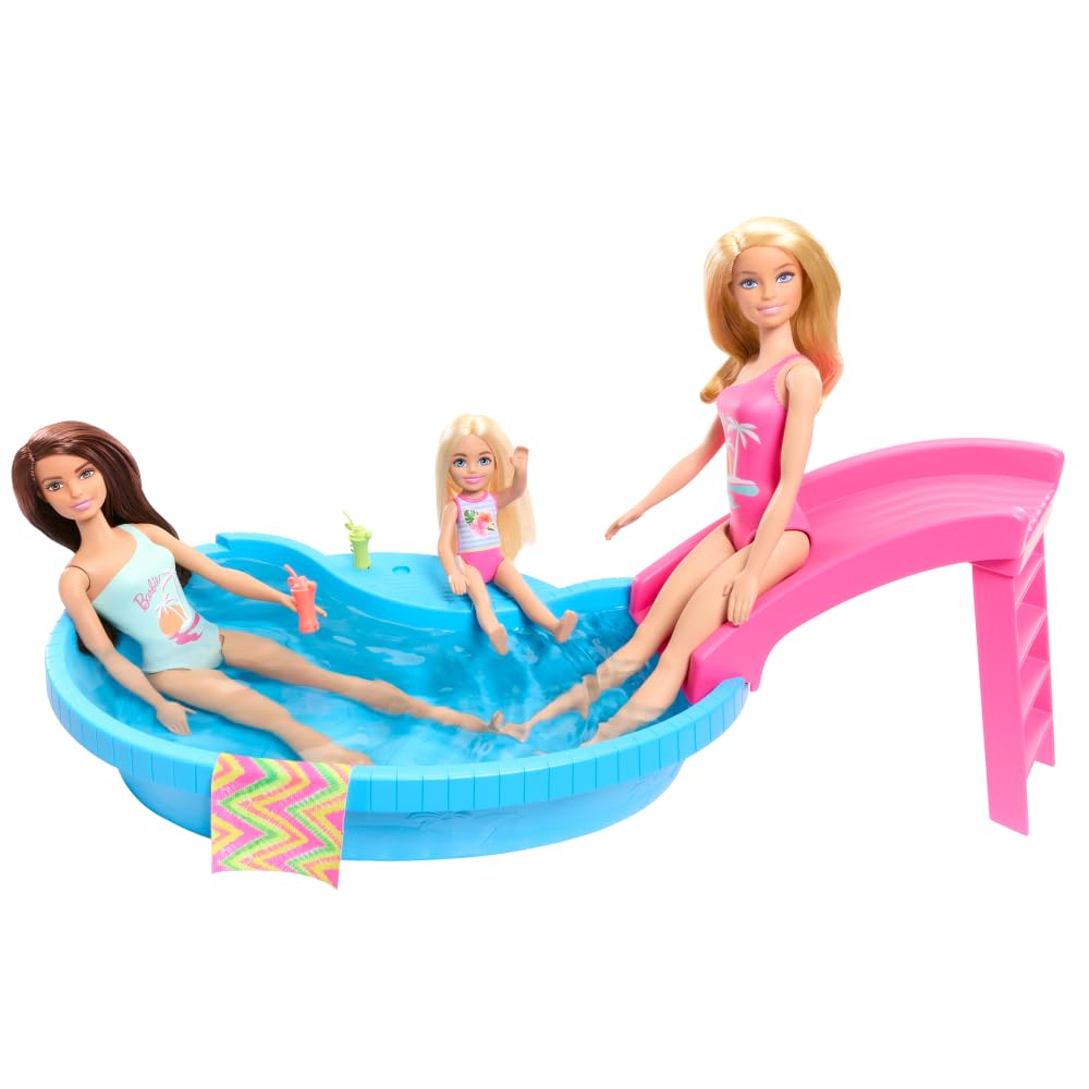 Barbie pool playset slide action provides quick, safe descents for storytelling