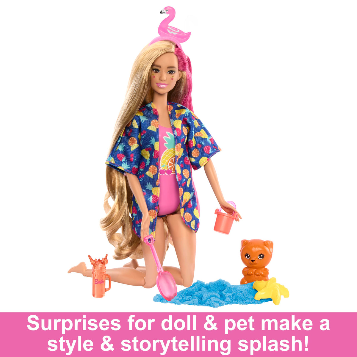 Barbie Pop Reveal moldable sand set for seaside crafts and sculpting fun.