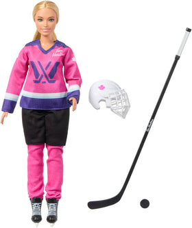 Barbie PWHL 2025 doll on ice wearing pink jersey, sparks imaginative hockey play.