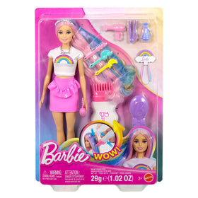 Barbie Rainbow Sparkle Hair Doll barrettes and hair ties secure styles.