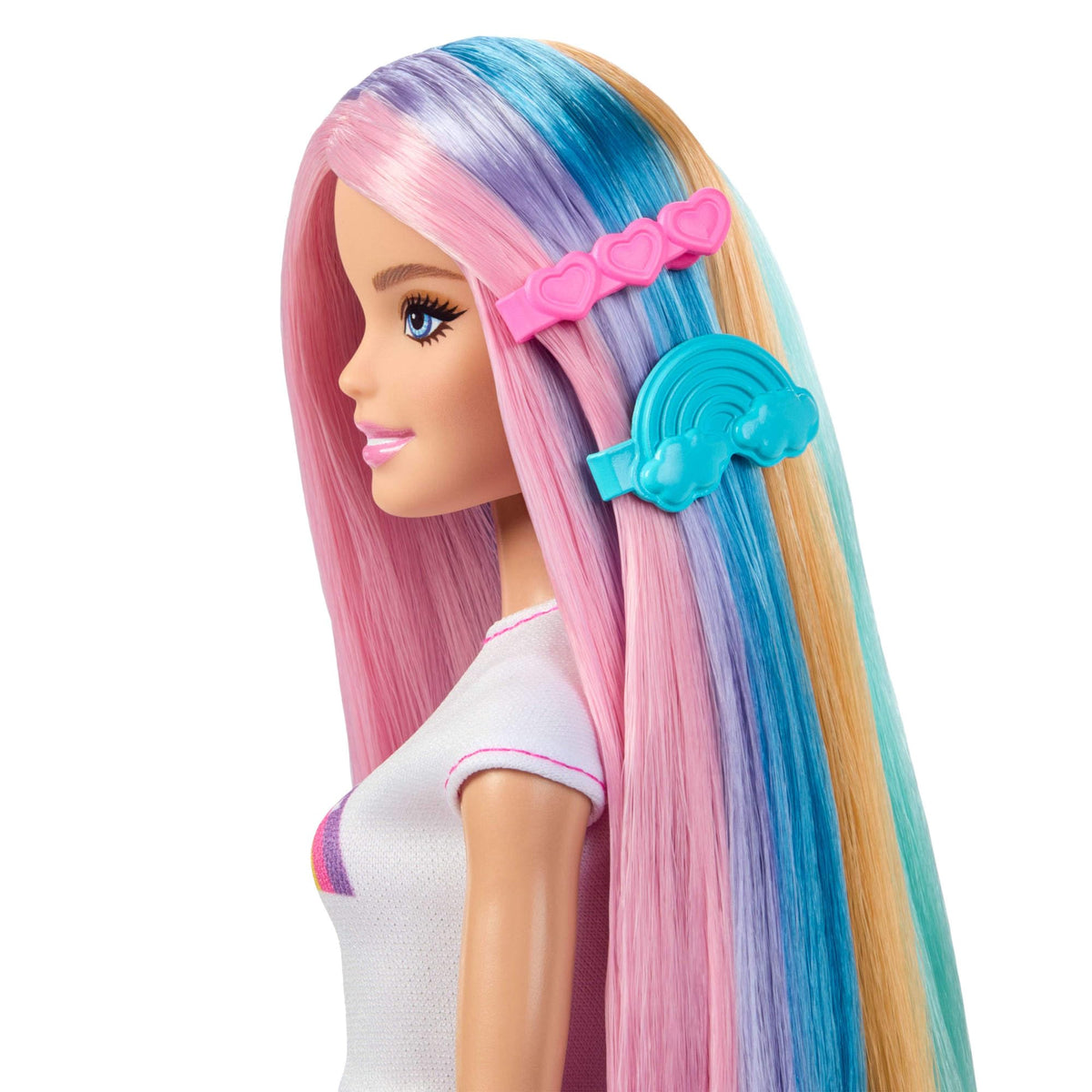 Barbie Rainbow Sparkle Hair Doll love necklace adds accessory styling.