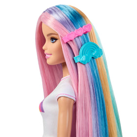 Barbie Rainbow Sparkle Hair Doll love necklace adds accessory styling.