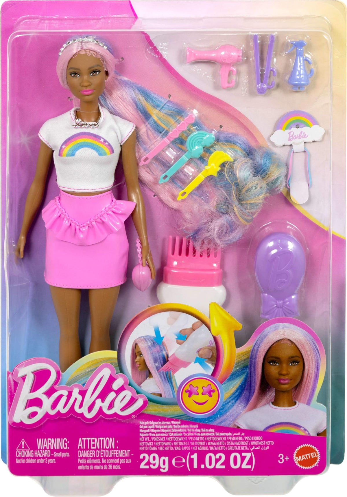 Barbie Rainbow Sparkle Hair Doll outfit with rainbow graphic tee and colorful skirt