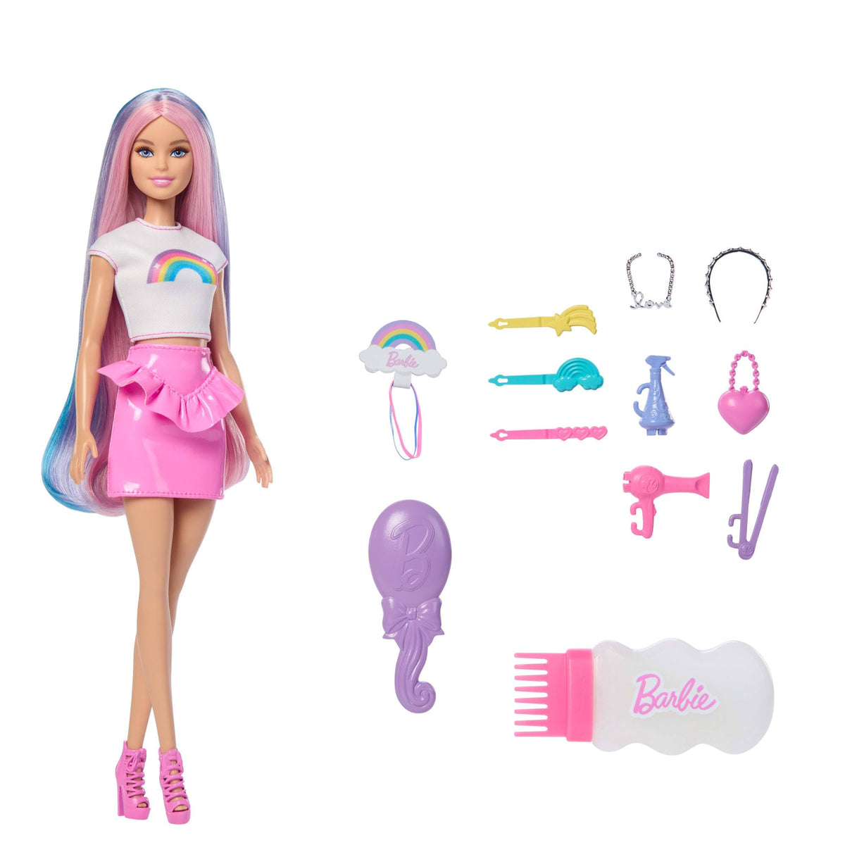 Barbie Rainbow Sparkle Hair Doll with rainbow hair for imaginative styling.