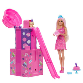 Barbie Rise & Surprise doll stack of presents reveals a fashion doll with party-ready styling.