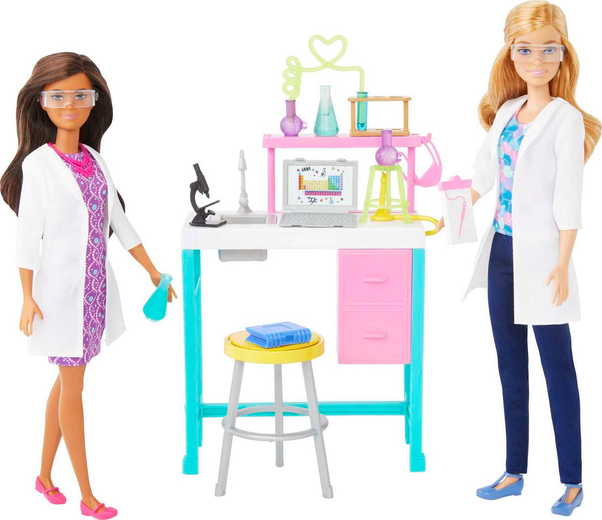 Barbie science lab playset with two dolls for STEM exploration at home.