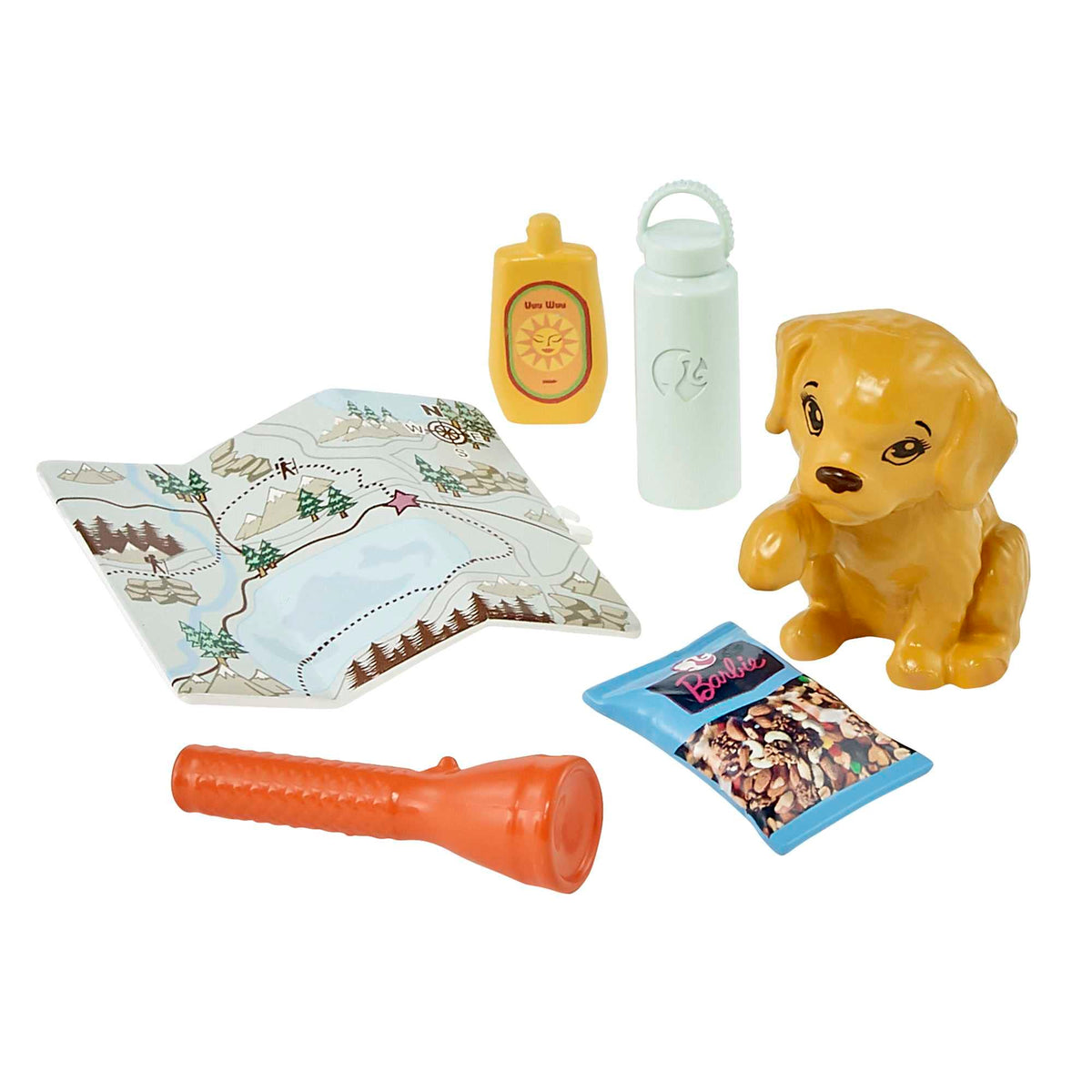 Barbie Self-Care doll uses map and water bottle on outdoor exploration.