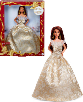 Barbie Signature Holiday doll in silver-gold damask gown, ideal for elegant display.