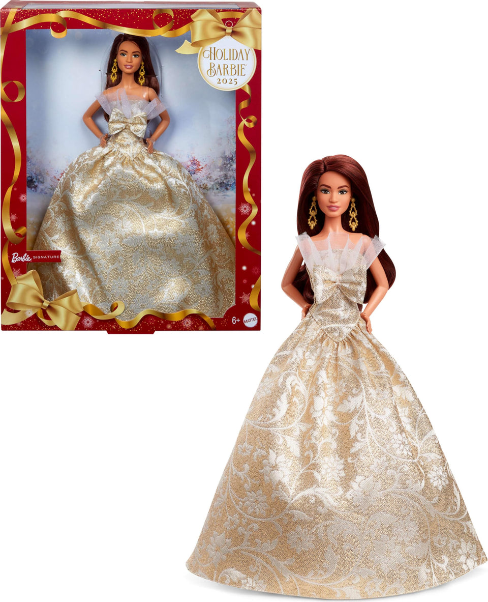 Barbie Signature Holiday doll in silver-gold damask gown, ideal for elegant display.