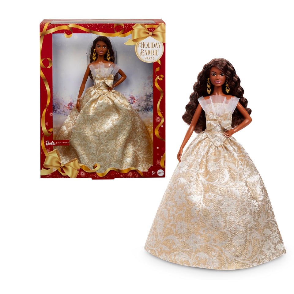 Barbie Signature 2025 Holiday doll in silver-gold damask gown, ideal for seasonal display.