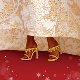 Barbie Signature 2025 Holiday doll in strapless gown with ruffle collar, luxe party-ready look.