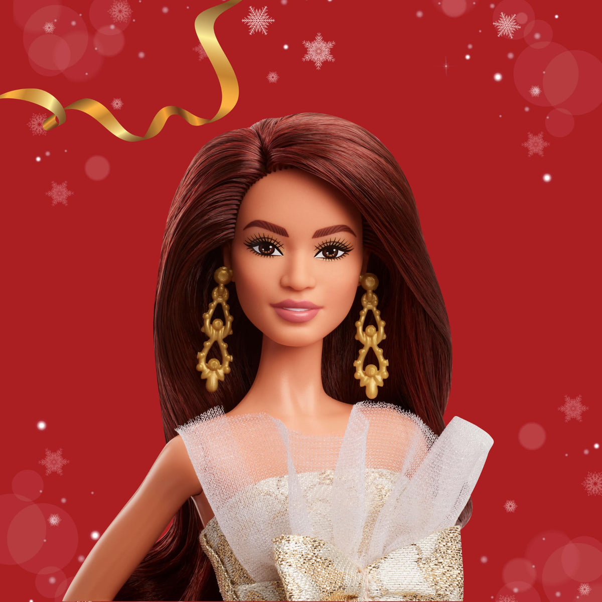 Barbie Holiday gown strapless design with ruffle collar adds festive sparkle for shelves.