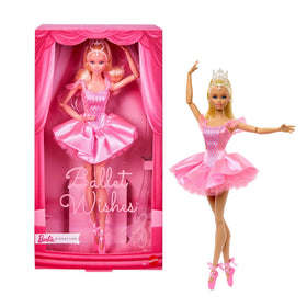 Barbie Signature Ballet Wishes doll in pink satin costume and multi-layered tutu, great for display and imaginative play.