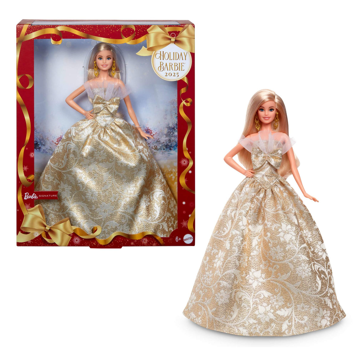 Barbie Signature Doll 2025 Holiday in silver and gold gown, ideal for festive display.