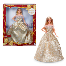 Barbie Signature Doll 2025 Holiday in silver and gold gown, ideal for festive display.