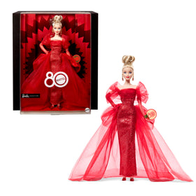 Barbie Signature Doll in 80th anniversary glittery red gown on display for collectors