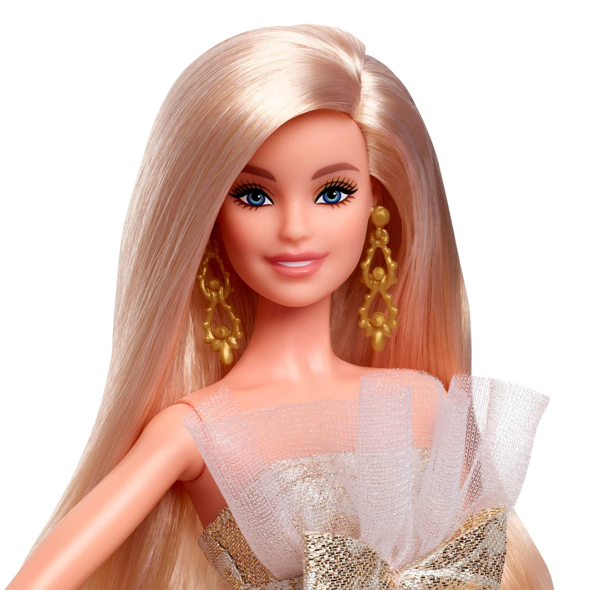 Barbie Signature Doll damask skirt detail shines under holiday lights.