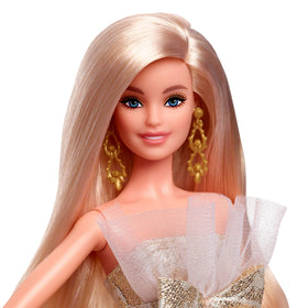 Barbie Signature Doll damask skirt detail shines under holiday lights.