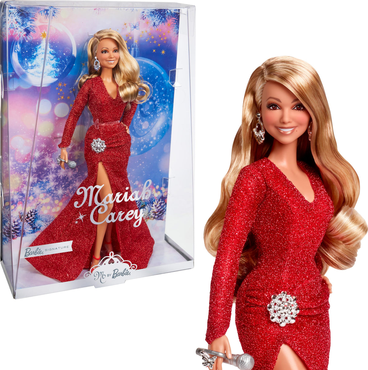 Barbie Signature Mariah Carey doll in holiday glitter gown ideal for festive display.