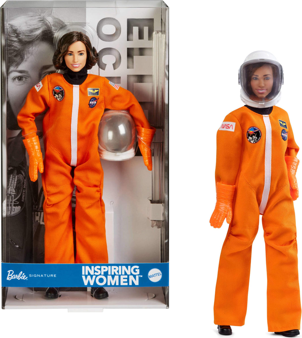 Barbie Signature Ellen Ochoa astronaut doll in authentic orange space suit for display