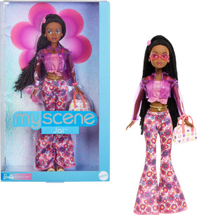 Barbie Signature My Scene Jai doll in pink top and hibiscus pants for stylish display.