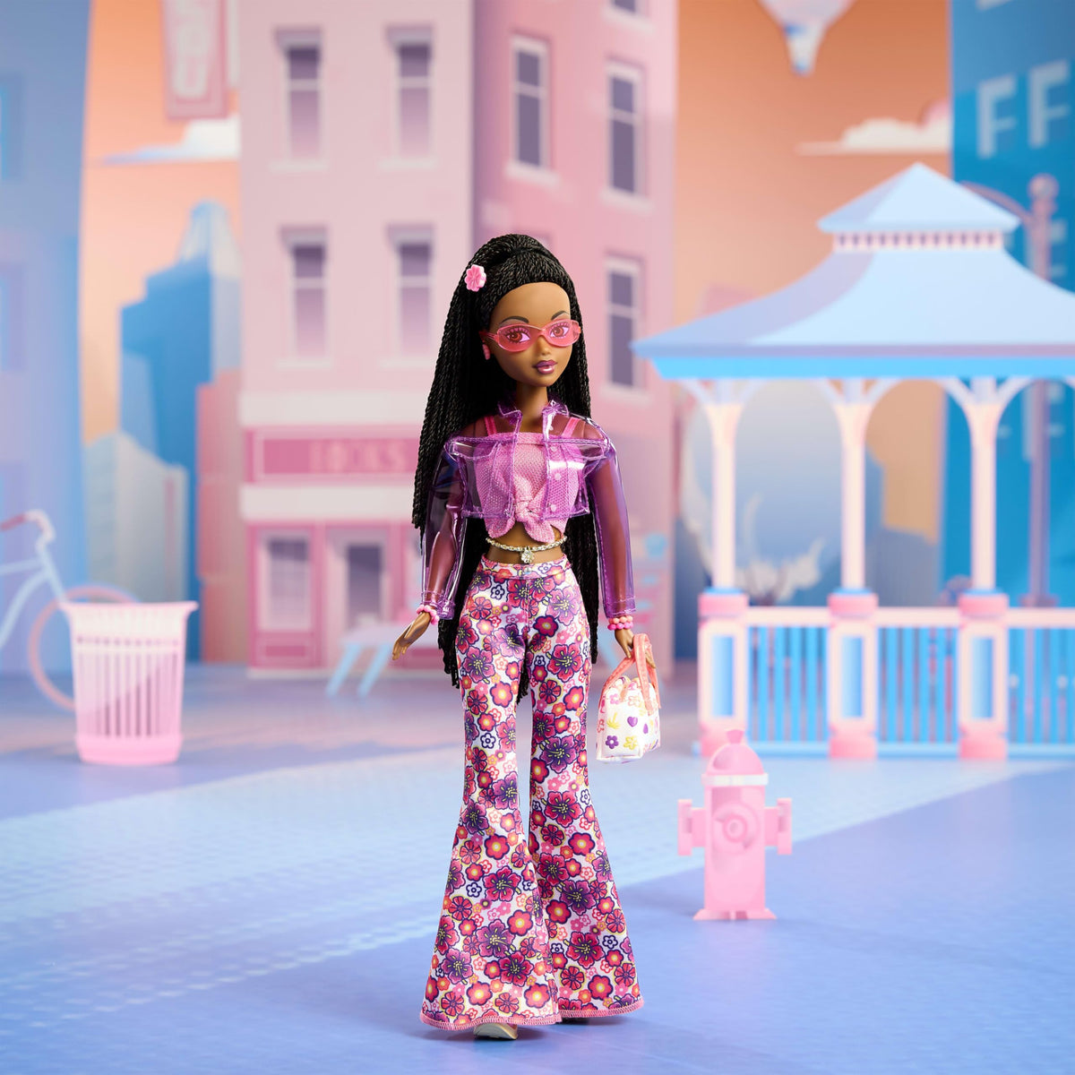 Barbie Jai doll wearing translucent vinyl jacket for fashion-focused storytelling.