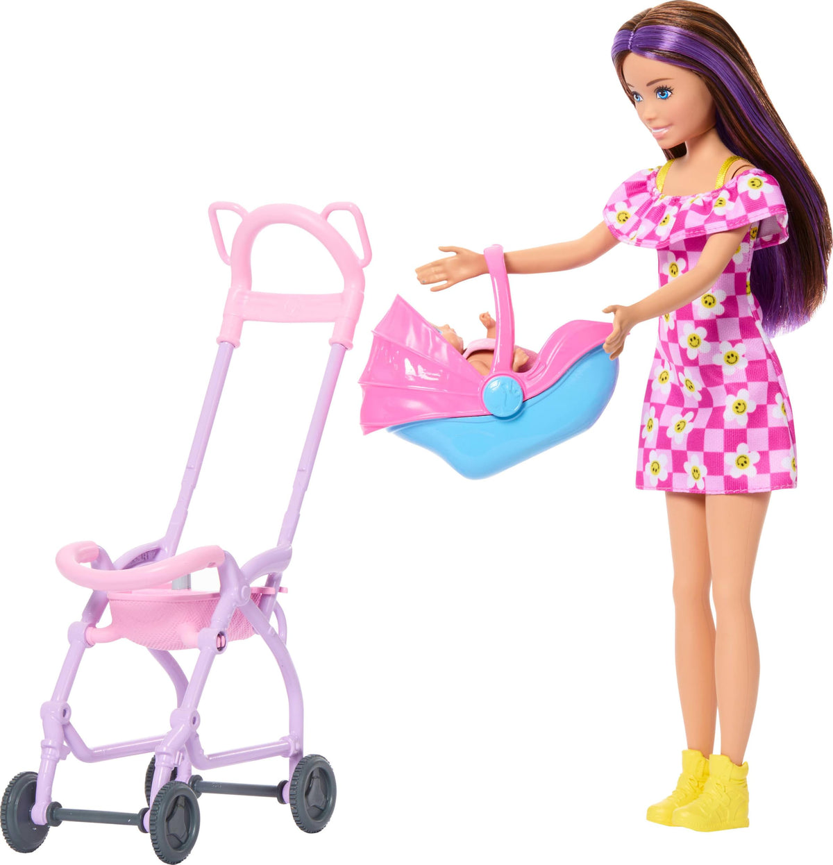 Barbie Skipper Babysitters Inc accessories include hat and sunscreen for sunny outings.