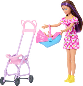 Barbie Skipper Babysitters Inc accessories include hat and sunscreen for sunny outings.