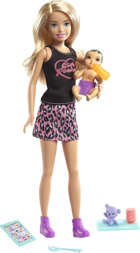 Barbie Skipper Babysitters Inc set with blonde doll wearing Girl Power top, ready for imaginative play.