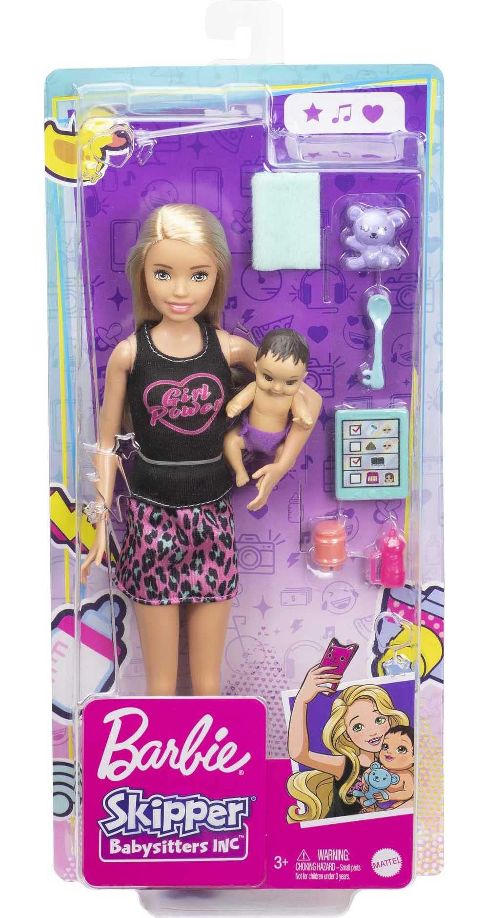 Barbie Skipper Babysitters Inc set ready for pretend babysitting adventures and dressing options.