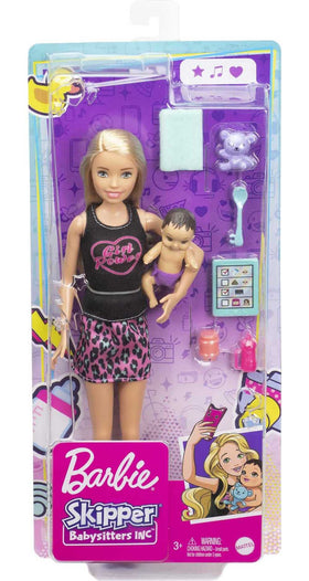 Barbie Skipper Babysitters Inc set ready for pretend babysitting adventures and dressing options.