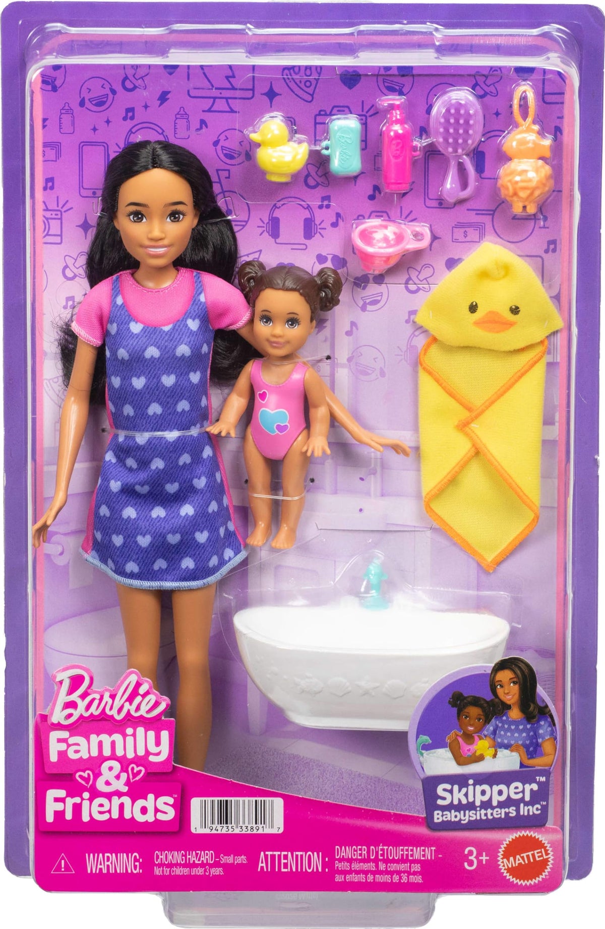 Bath-time scene invites collaborative play between kids and dolls.