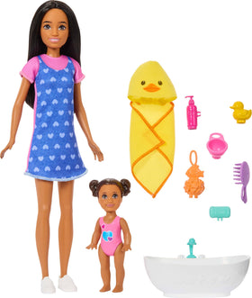 Barbie Skipper brunette doll beside bath tub for imaginative care play.