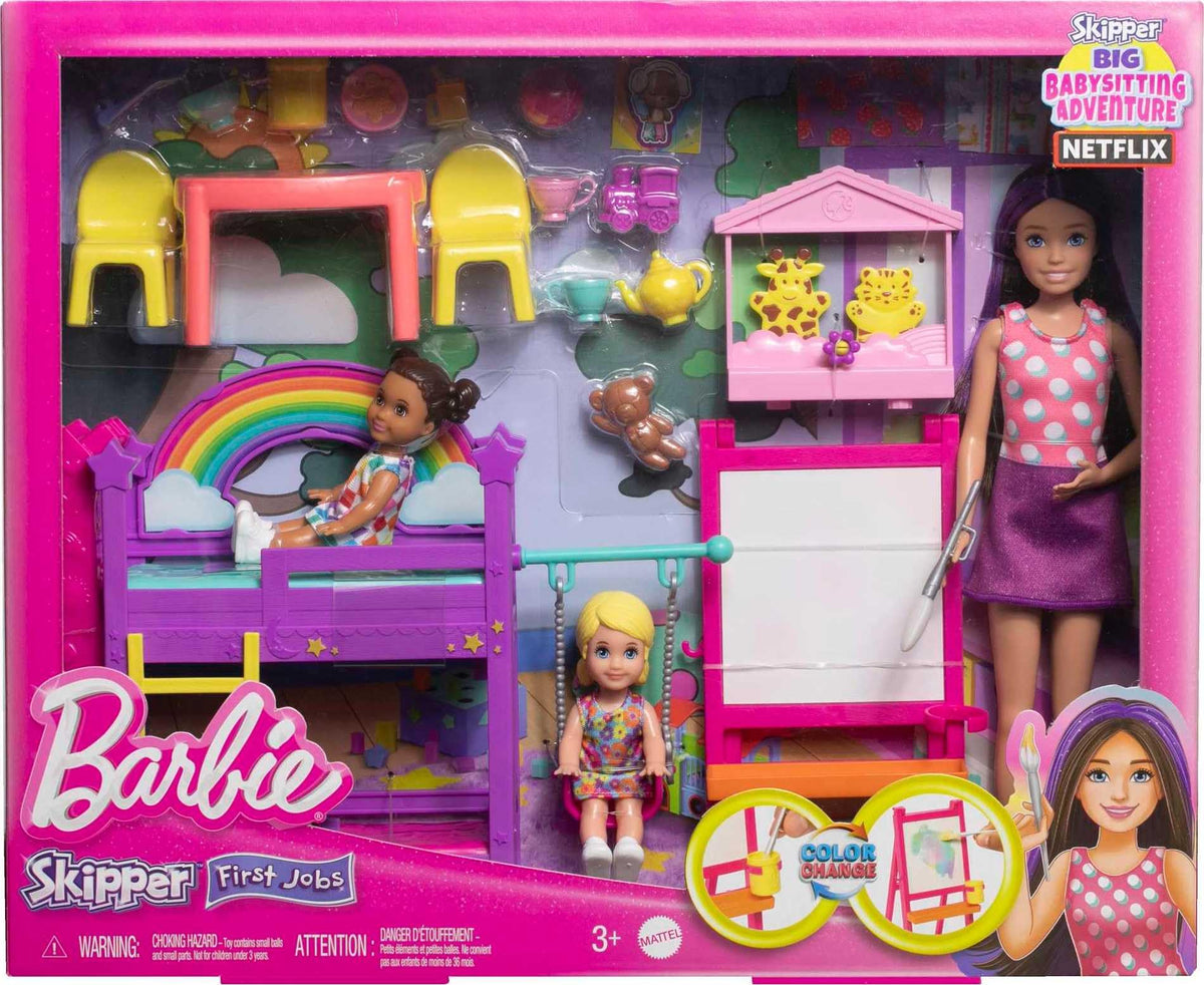 Barbie Skipper dolls with blankets and teddy for nurturing role-play