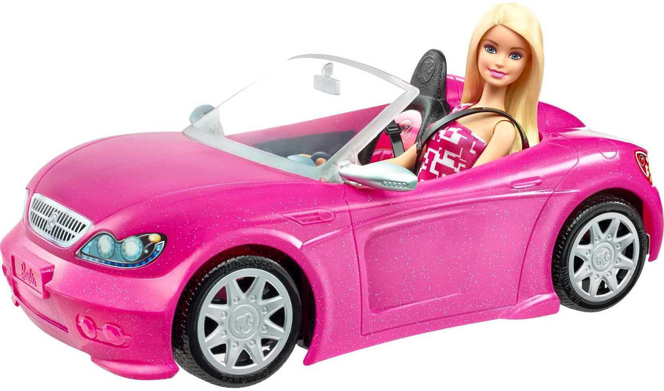 Barbie sparkly pink 2-seater convertible car for imaginative play and stylish journeys.