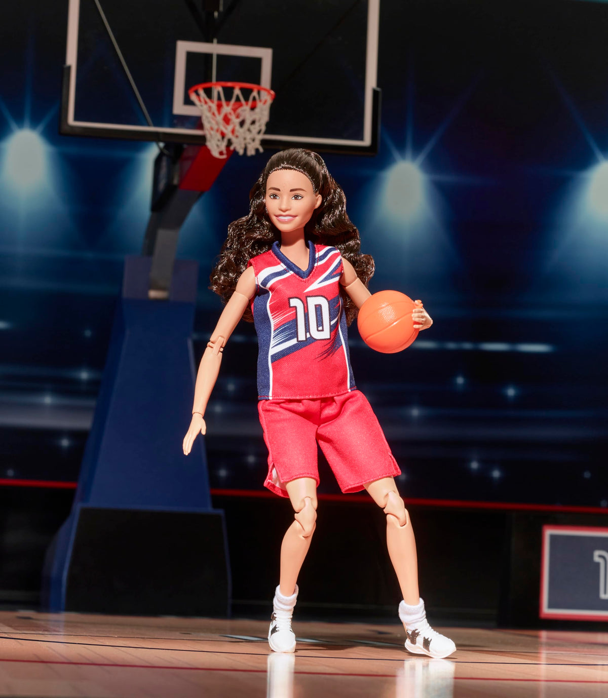 Barbie Sue Bird doll with basketball under arm for action poses.